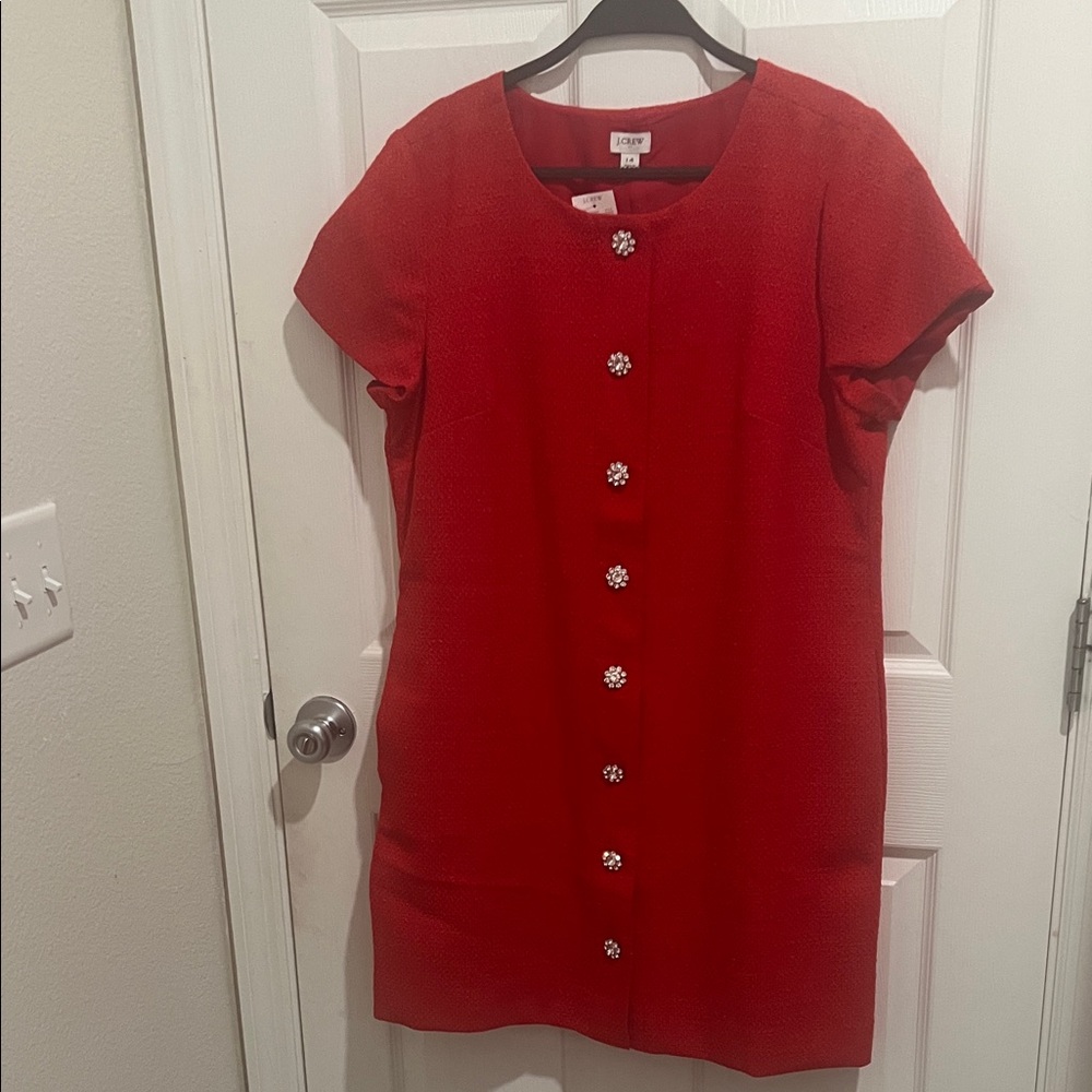 J. Crew Factory Red Dress with Floral Buttons above the knee for all occasions.